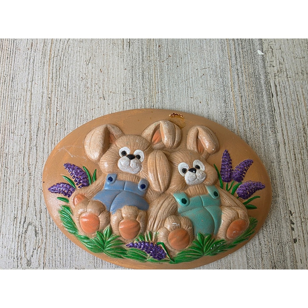 Vintage ceramic Easter Bunny black sign hanging wall spring flowers decor